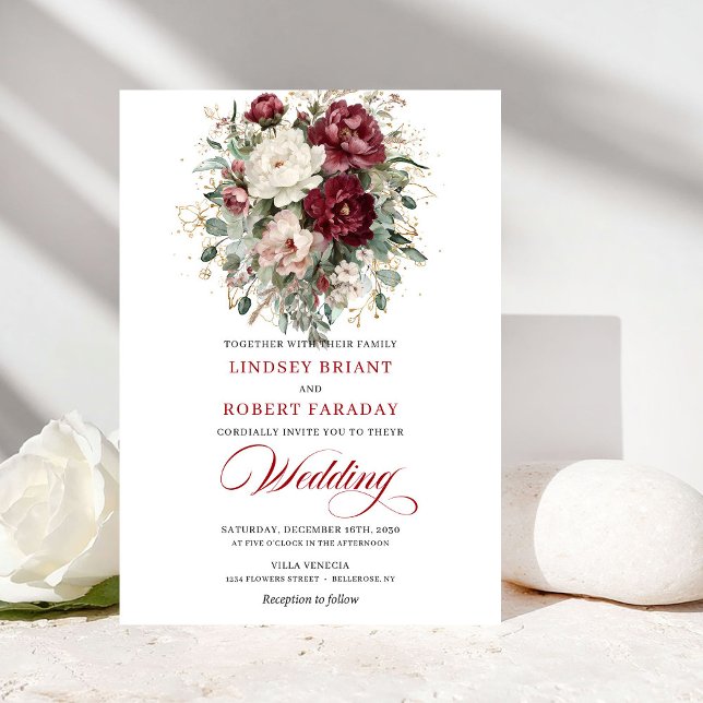 Faire-part de mariage chic bordeaux eucalyptus bla (Chic Burgundy White Eucalyptus Wedding Invitation)