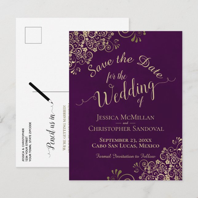 Faire-part de mariage chic calligraphié Plum & Gol (Devant / Derrière)
