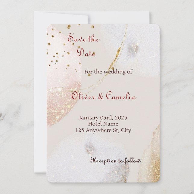 Faire-part de mariage chic en marbre blanc et or (Devant)