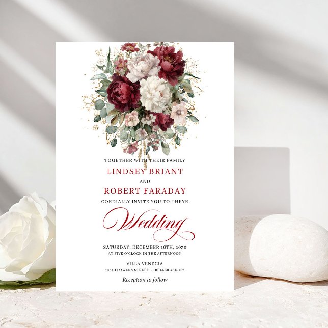 Faire-part de mariage chic jardin floral blanc Bou (Chic Burgundy White Floral Garden Wedding Invite)