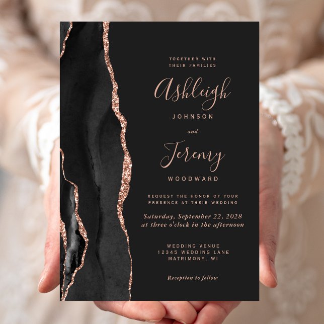 Faire-part de mariage chic noir or rose agate fonc (Créateur téléchargé)