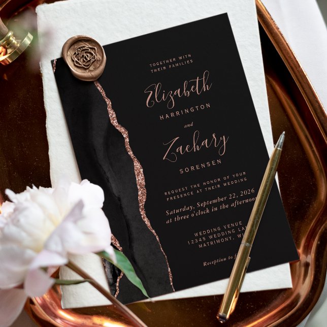 Faire-part de mariage chic rose gold agate noir (The perfect choice for a black and rose gold themed wedding.)
