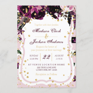 Faire-part de mariage chic violet foncé floral et 