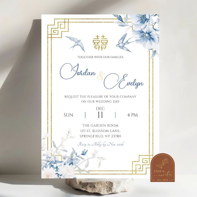 Faire-part de mariage chinois bleu Chinoiserie (Créateur téléchargé)