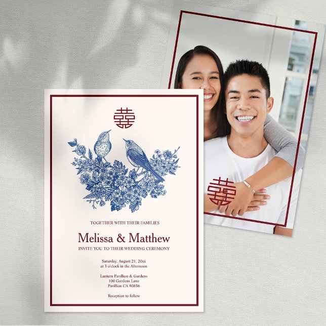 Faire-part de mariage chinois floral pie élégant (Elegant Magpie Floral Chinese Wedding Invitation)
