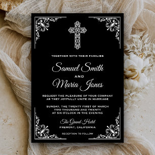 Faire-part de mariage chrétien à croix noir et bla