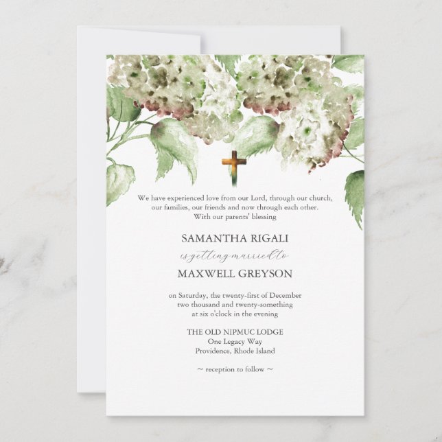 Faire-part de mariage chrétien aux hortensias vert (Devant)
