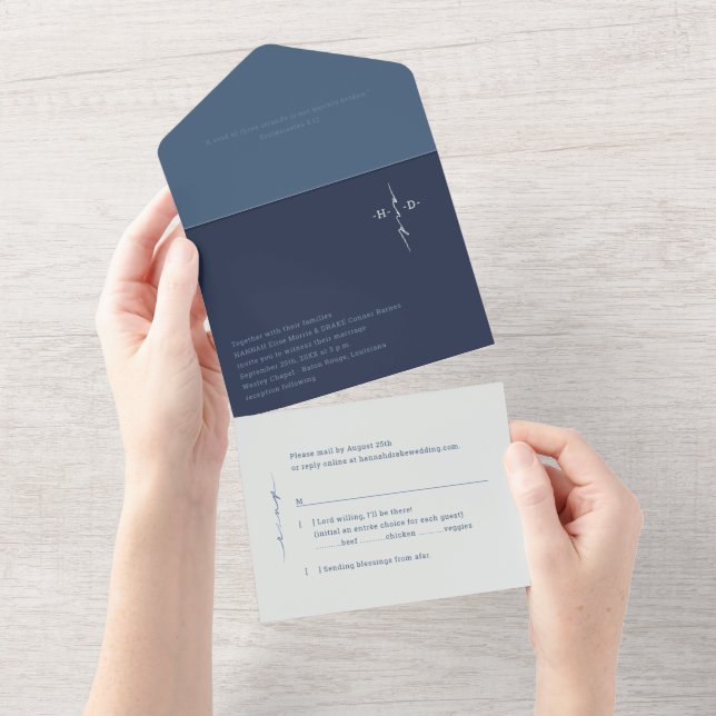 Faire-part de mariage chrétien bleu Croix Monogram (Déchirure)