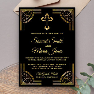 Faire-part de mariage chrétien Croix dorée Élégant
