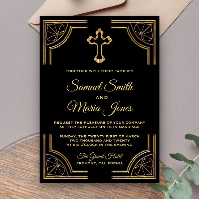 Faire-part de mariage chrétien Croix dorée Élégant (Créateur téléchargé)