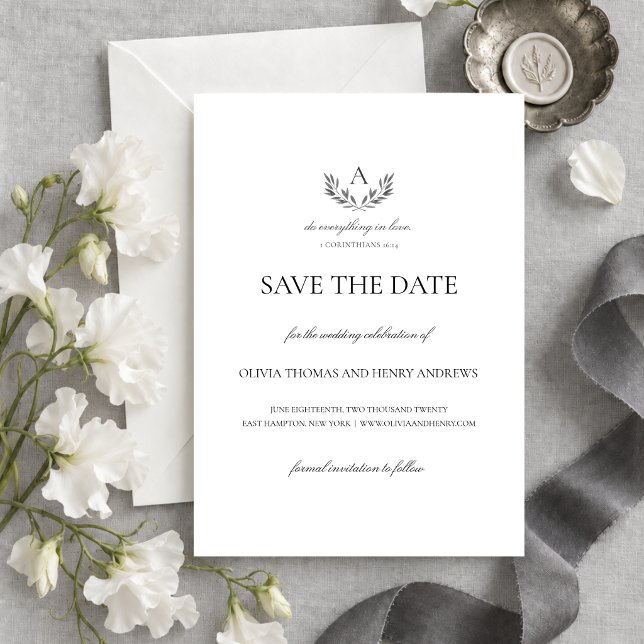 Faire-part de mariage chrétien d'Olivia avec monog (This elegant save the date card features your monogram and a Bible verse on love.)