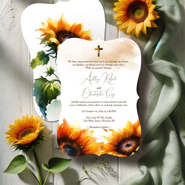 Faire-part de mariage chrétien - Fleurs de soleil (Christian wedding invitations watercolor sunflowers rustic shades of yellows and greens)