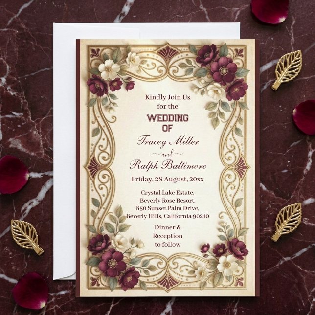 Faire-part de mariage classique aux roses bordeaux (Art Nouveau Golden Burgundy Roses Classic Wedding Invitation)