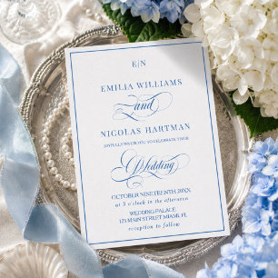 Faire-part de mariage classique bleu blanc Monogra