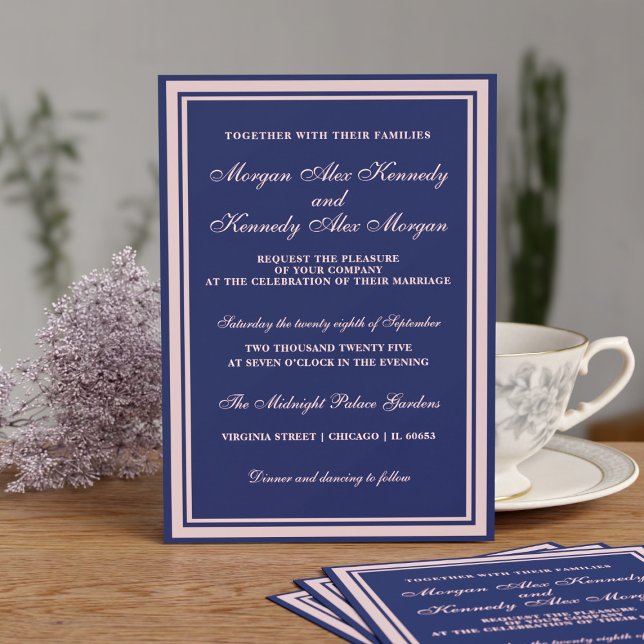Faire-part de mariage classique bleu bleu bleu ble (A classic wedding celebration in navy blue and blush pink. Just add your details)