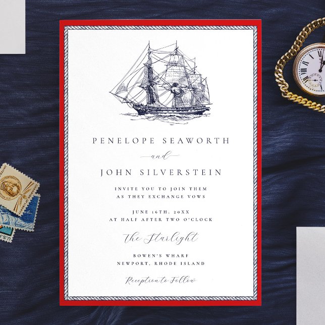 Faire-part de mariage classique cadre de corde rou (Nautical Ship Red Rope Frame Classic Wedding Invitation)