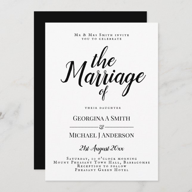 Faire-part de mariage classique de typographie noi (Devant / Derrière)