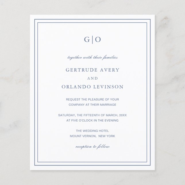 Faire-part de mariage classique Dusty Blue Budget (Devant)