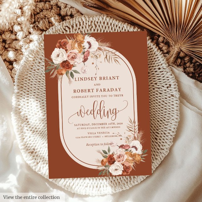 Faire-part de mariage classique en laiton de Pampa (Classic Rust Pampas Grass Boho Wedding Invitation)