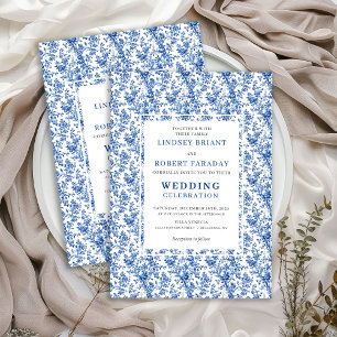Faire-part de mariage classique floral toile bleue