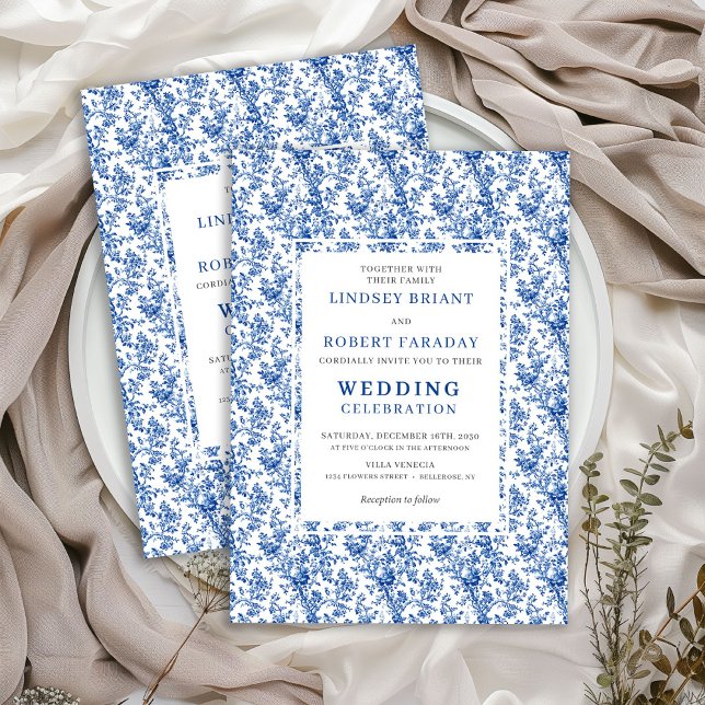 Faire-part de mariage classique floral toile bleue (Elegant Blue Toile Floral Classic Wedding Invitation)