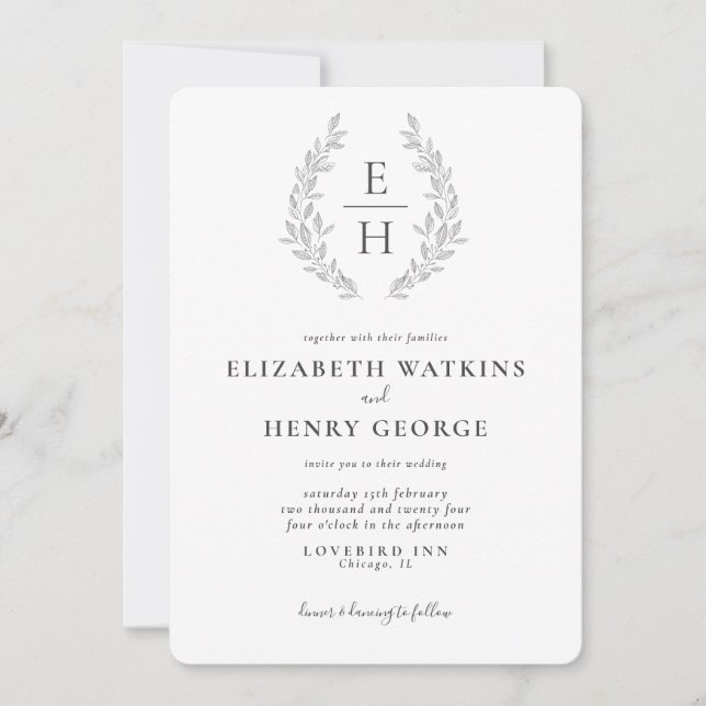 Faire-part de mariage classique monogramme noir et (Devant)