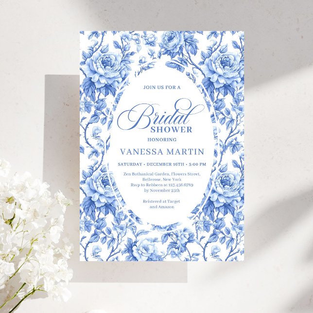 Faire-part de Mariage Classique Toile de Jouy Navy (Classic French Toile de Jouy Navy Bridal Shower Invite)