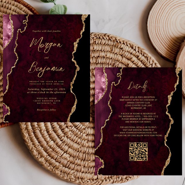 Faire-part de mariage Code QR Agate Dorée Bourgogn (Créateur téléchargé)