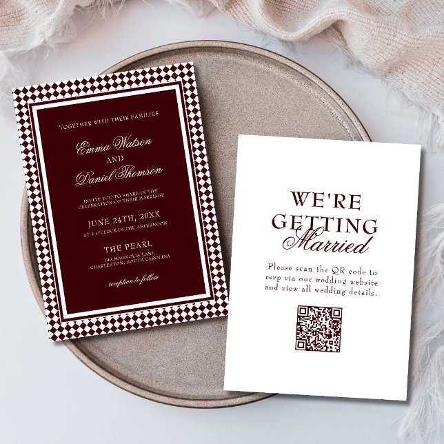 Faire-part de mariage Code QR Bordure Arlequin Bou (Burgundy QR code wedding invitation combines classic elegance with modern convenience.)