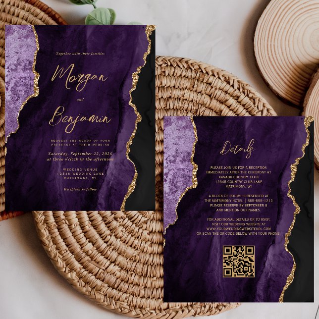Faire-part de mariage code QR écriture agate viole (Créateur téléchargé)