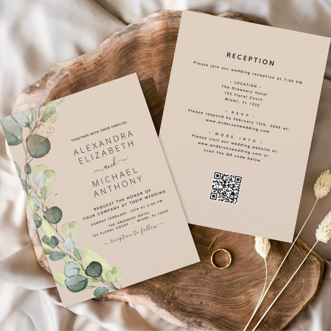 Faire-part de mariage code QR Eucalyptus tout-en-u (Créateur téléchargé)