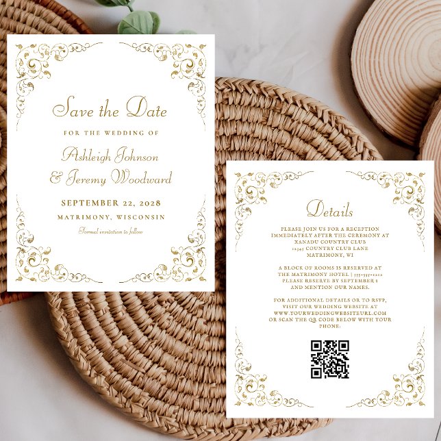 Faire-part de mariage Code QR Feuillage Script Or  (Créateur téléchargé)