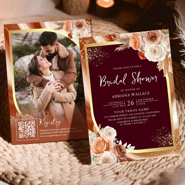 Faire-part de Mariage Code QR Floral Terracotta Bo (Créateur téléchargé)