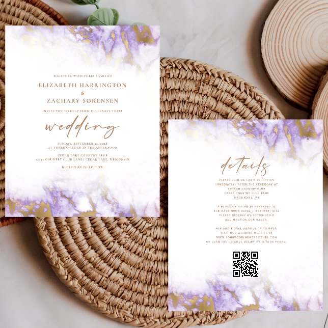 Faire-part de mariage code QR lavande or marbre pa (Créateur téléchargé)