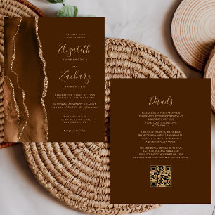 Faire-part de mariage Code QR Marron Agate Or Moch