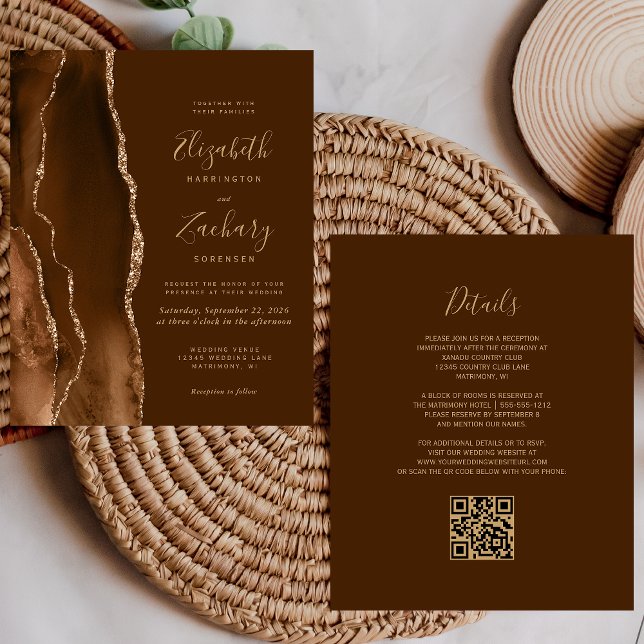 Faire-part de mariage Code QR Marron Agate Or Moch (Créateur téléchargé)