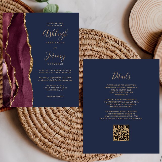 Faire-part de mariage Code QR Navy Or Bourgogne Éc (Créateur téléchargé)