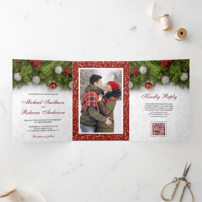 Faire-part de mariage code QR Noël Feuilles de pin (Intérieur)