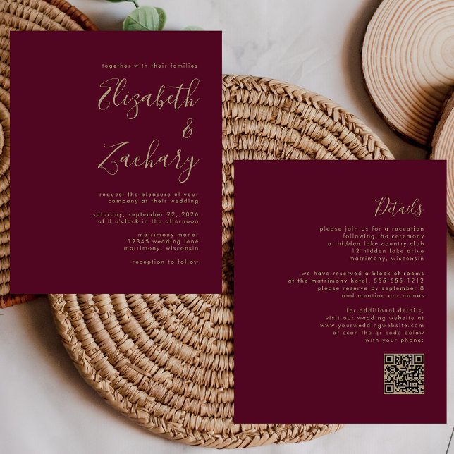 Faire-part de mariage Code QR Or Budget Bourgogne (Créateur téléchargé)