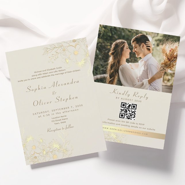 Faire-part de mariage Code QR Or Floral Ivoire (Créateur téléchargé)