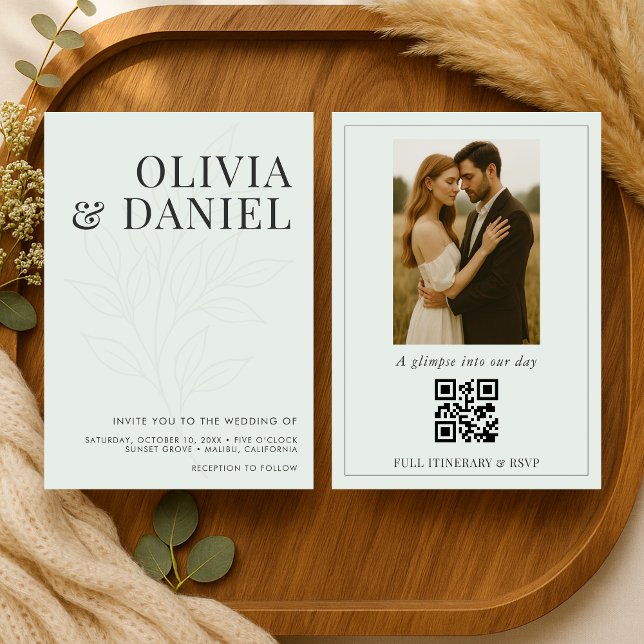 Faire-Part de Mariage Code QR Photo Botanique Vert (Créateur téléchargé)