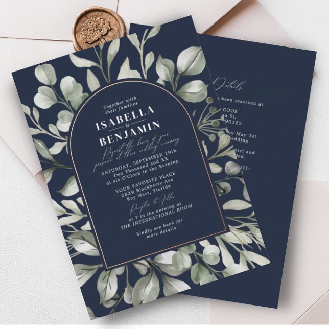 Faire-part de mariage Code QR RSVP Navy Arche de V (Créateur téléchargé)