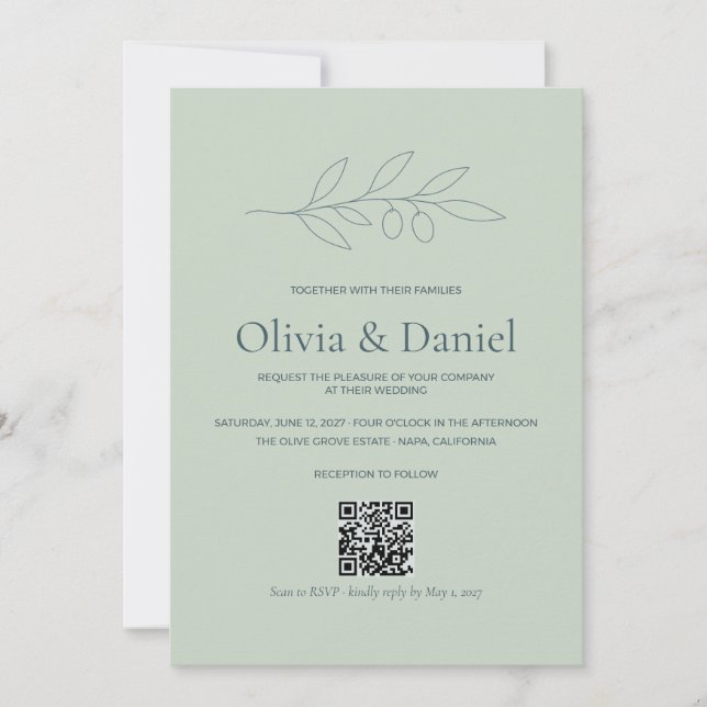 Faire-part de mariage Code QR Sage Olive Branch (Devant)
