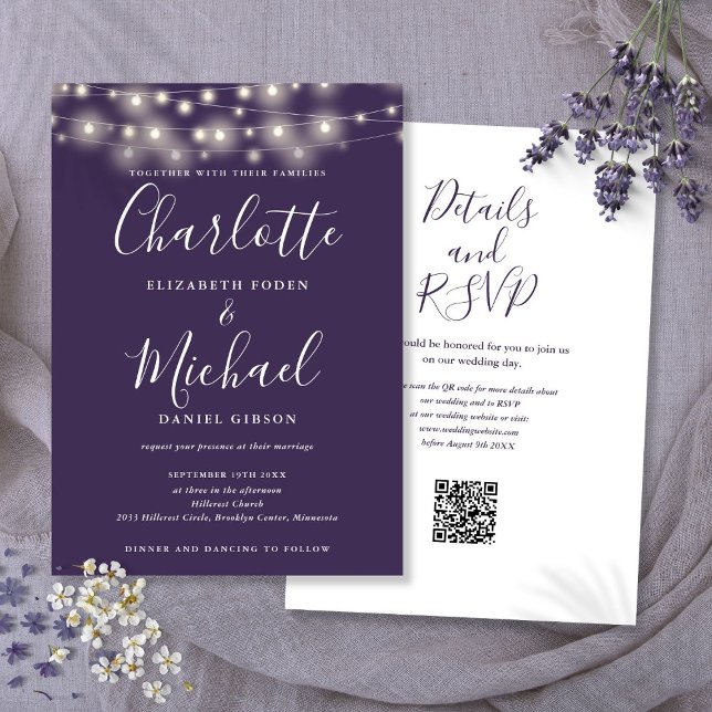Faire-part de mariage Code QR Violet Guirlande Lum (String Lights Script Purple QR Code Wedding Invitation)