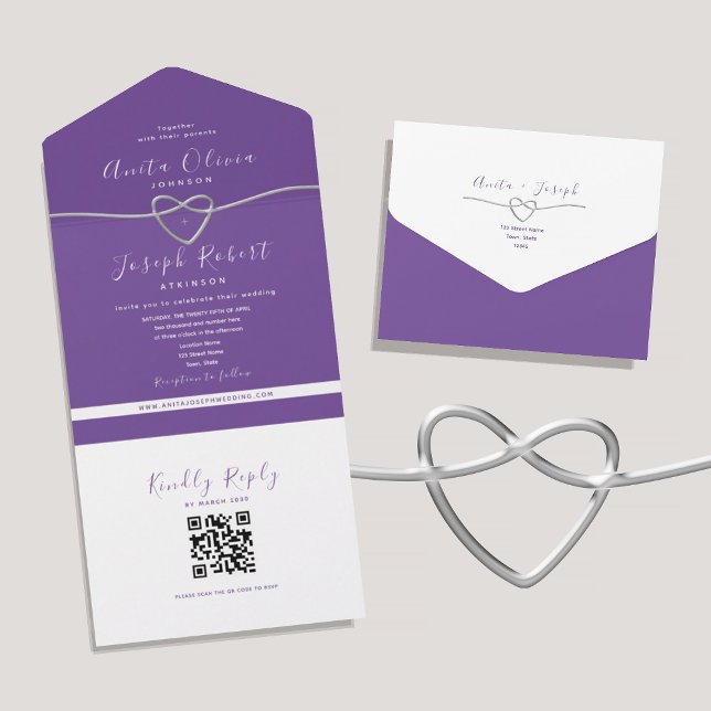 Faire-part de mariage cœur argent violet QR Code (Créateur téléchargé)