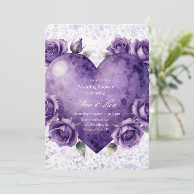 Faire-Part de Mariage Cœur et Roses Peinture Viole (Debout devant)