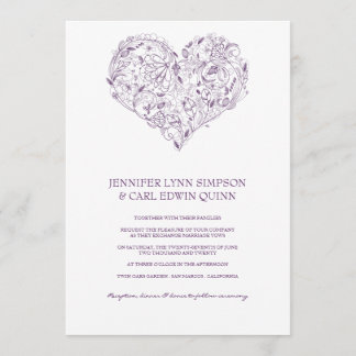 Faire-part de mariage cœur floral violet