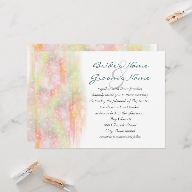 Faire-part de mariage Cœurs aquarelle pastel (Devant/Arrière en situation)