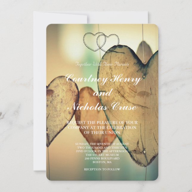 Faire-part de mariage coeurs bokeh rustique (Devant)