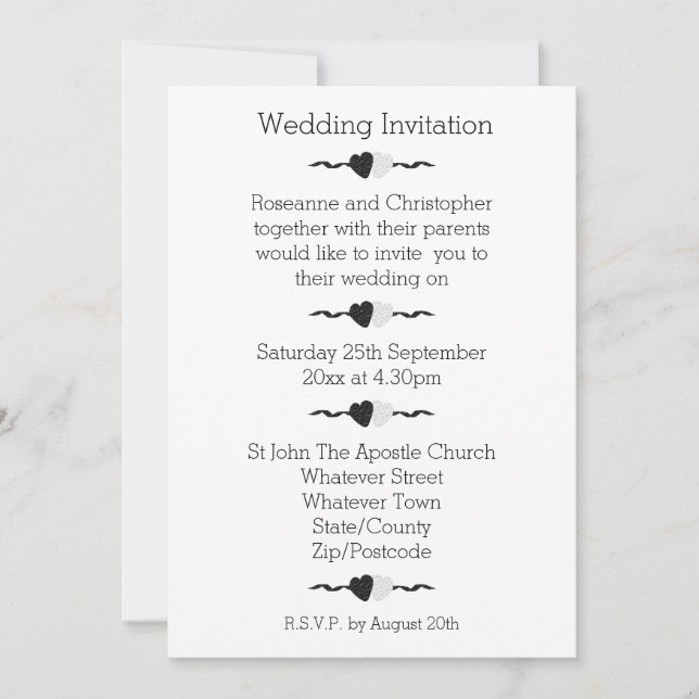Faire-part de mariage coeurs noir et blanc (Devant)